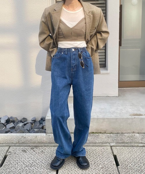 ISOOK(アイスー)の「ウエストリラックスストレートデニム(kiharu select) / イージーデニム ウエストゴム フルレングス ハイウエスト ブルー(デニムパンツ・レディース・ブルー・S/M)」の1枚目の写真