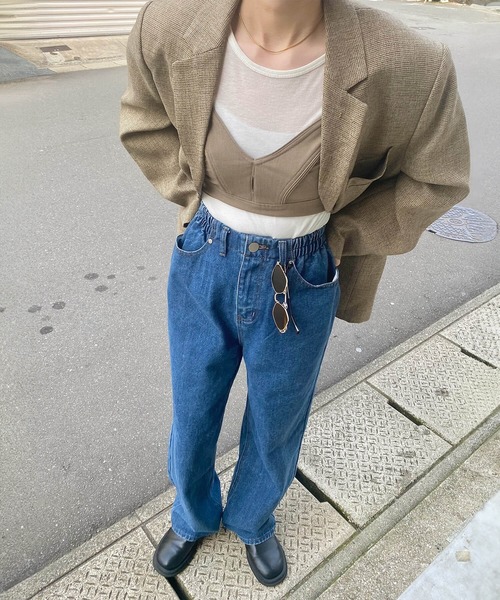 ISOOK(アイスー)の「ウエストリラックスストレートデニム(kiharu select) / イージーデニム ウエストゴム フルレングス ハイウエスト ブルー(デニムパンツ・レディース・ブルー・S/M)」の4枚目の写真