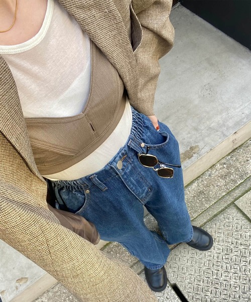 ISOOK(アイスー)の「ウエストリラックスストレートデニム(kiharu select) / イージーデニム ウエストゴム フルレングス ハイウエスト ブルー(デニムパンツ・レディース・ブルー・S/M)」の5枚目の写真