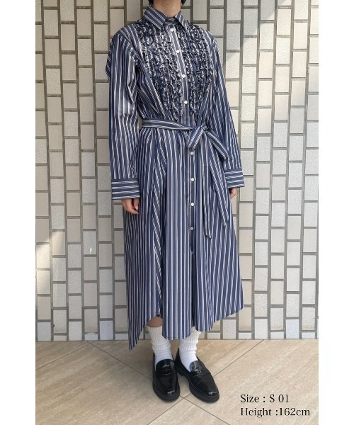 【コットン×レーヨン／ドビー＆刺繍】ケイタマルヤマ／ベルテッド•シャツワンピース Regimental stripe Frill Shirt OP（シャツワンピース）｜KEITA