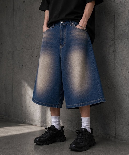 ８(eight)（エイト）の「加工デニムワイドショーツ（デニムパンツ・メンズ・ネイビー/ブルー/グレー・LARGE/MEDIUM/SMALL）」の2枚目の写真