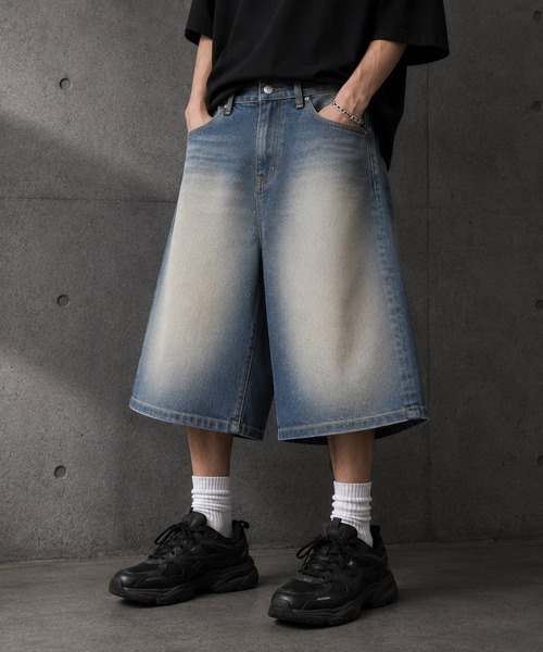 ８(eight)（エイト）の「加工デニムワイドショーツ（デニムパンツ・メンズ・ネイビー/ブルー/グレー・LARGE/MEDIUM/SMALL）」の8枚目の写真
