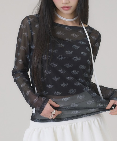 apres jour mignon(アプレジュールミニョン)の「タイ付きシアープリントトップス(Tシャツ/カットソー・レディース・オフホワイト/ブラック・フリー/LARGE)」の2枚目の写真