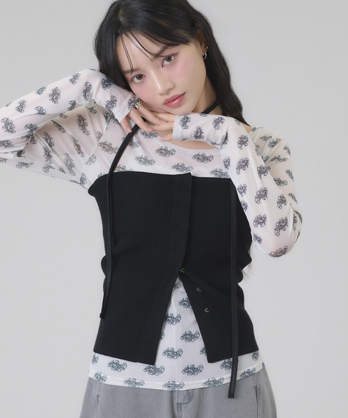 apres jour mignon(アプレジュールミニョン)の「タイ付きシアープリントトップス(Tシャツ/カットソー・レディース・オフホワイト/ブラック・フリー/LARGE)」の7枚目の写真