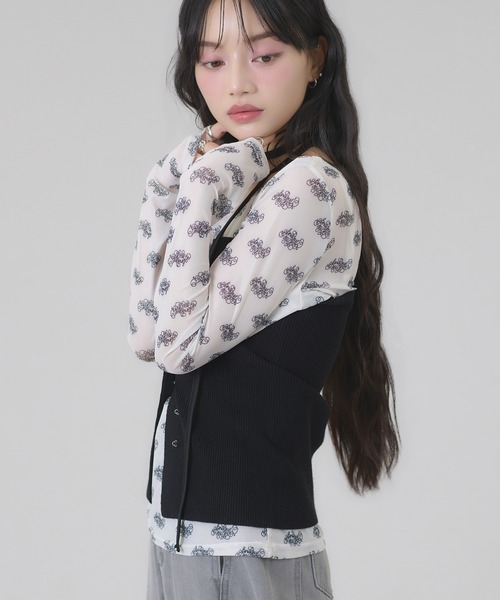 apres jour mignon(アプレジュールミニョン)の「タイ付きシアープリントトップス(Tシャツ/カットソー・レディース・オフホワイト/ブラック・フリー/LARGE)」の8枚目の写真