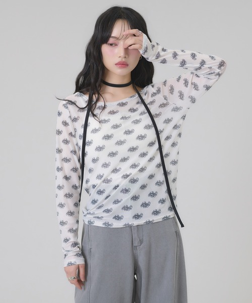 apres jour mignon(アプレジュールミニョン)の「タイ付きシアープリントトップス(Tシャツ/カットソー・レディース・オフホワイト/ブラック・フリー/LARGE)」の10枚目の写真