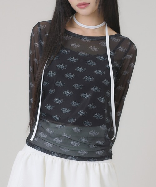 apres jour mignon(アプレジュールミニョン)の「タイ付きシアープリントトップス(Tシャツ/カットソー・レディース・オフホワイト/ブラック・フリー/LARGE)」の15枚目の写真