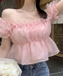 Mejoul | 【2026春夏新作】ボリュームチュールフリルペプラムオフショルブラウス(Tシャツ/カットソー)