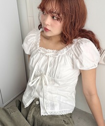 【7色展開】無地/チェック半袖ギャザーブラウス
