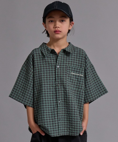 PAIRMANON STREET(ペアマノンストリート)の「【90-160cm】サッカーチェック オーバーサイズ 半袖シャツ【PAIRMANON STREET】(シャツ/ブラウス・キッズ・ブラック/ネイビー/ブラウン/グリーン・160/130/140/120/150/100/110/90)」の3枚目の写真