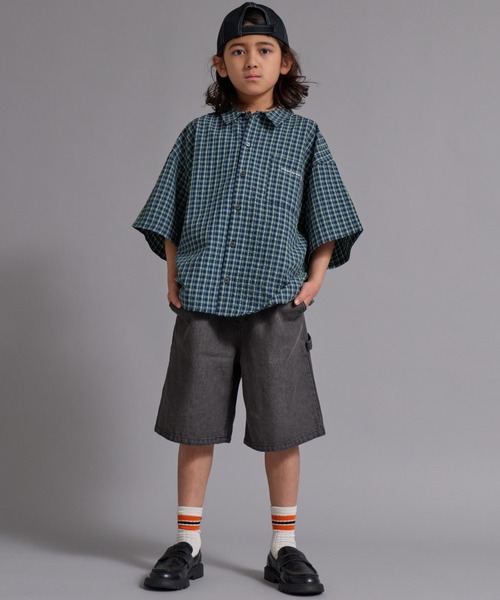 PAIRMANON STREET(ペアマノンストリート)の「【90-160cm】サッカーチェック オーバーサイズ 半袖シャツ【PAIRMANON STREET】(シャツ/ブラウス・キッズ・ブラック/ネイビー/ブラウン/グリーン・160/130/140/120/150/100/110/90)」の21枚目の写真
