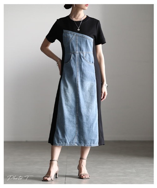 Sawa a la mode(サワアラモード)の「デニム×カットソー切替ワンピース(ワンピース・レディース・ブルー・FREE)」の20枚目の写真