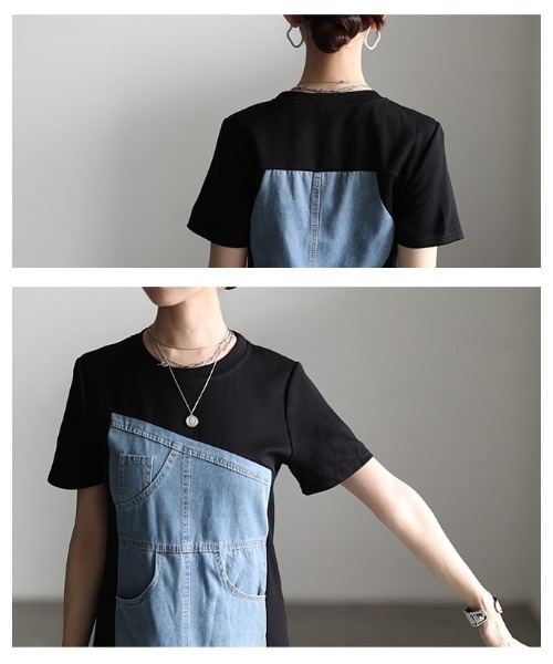 Sawa a la mode(サワアラモード)の「デニム×カットソー切替ワンピース(ワンピース・レディース・ブルー・FREE)」の2枚目の写真