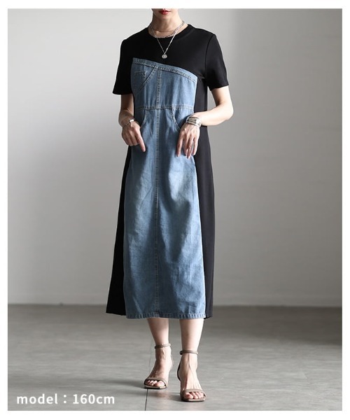 Sawa a la mode(サワアラモード)の「デニム×カットソー切替ワンピース(ワンピース・レディース・ブルー・FREE)」の4枚目の写真