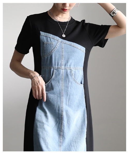 Sawa a la mode(サワアラモード)の「デニム×カットソー切替ワンピース(ワンピース・レディース・ブルー・FREE)」の15枚目の写真
