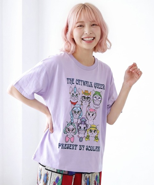 ScoLar(スカラー)の「ScoLar(スカラー) キャットウォーククイーン柄Tシャツ(Tシャツ/カットソー・レディース・チャコールグレー/オフホワイト/パープル・MEDIUM)」の3枚目の写真