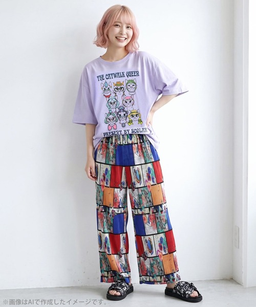 ScoLar(スカラー)の「ScoLar(スカラー) キャットウォーククイーン柄Tシャツ(Tシャツ/カットソー・レディース・チャコールグレー/オフホワイト/パープル・MEDIUM)」の15枚目の写真