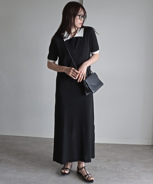 COURO(コウロ)の「天竺ニットバイカラーロングワンピース(ワンピース・レディース・ネイビー/ブラック/ライトグレー・M)」の2枚目の写真