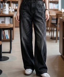 ワイドパンツ デニム風 柔らか イージーパンツ ウエストゴム 落ち感 ハイウエスト フルレングス カジュアル ストリート 秋冬