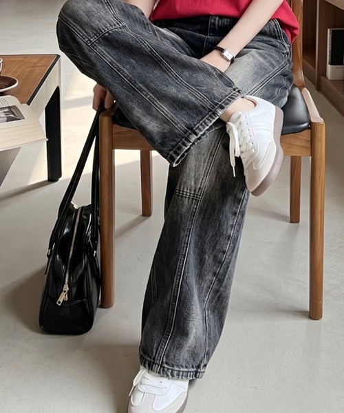 umune(ウムネ)の「ワイドパンツ デニム風 柔らか イージーパンツ ウエストゴム 落ち感 ハイウエスト フルレングス カジュアル ストリート 秋冬(その他パンツ・レディース・ライトインディゴブルー/ブラック・L/M)」の8枚目の写真