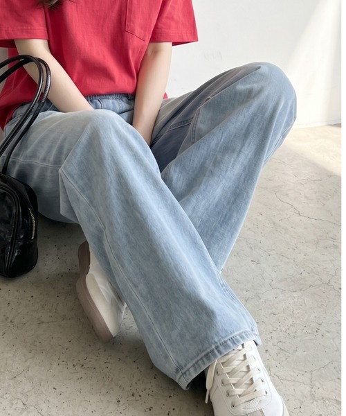 umune(ウムネ)の「ワイドパンツ デニム風 柔らか イージーパンツ ウエストゴム 落ち感 ハイウエスト フルレングス カジュアル ストリート 秋冬(その他パンツ・レディース・ライトインディゴブルー/ブラック・L/M)」の12枚目の写真