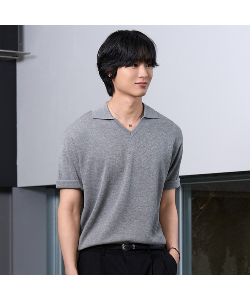 HYOJI(ヒョージ)の「26 SS ウォッシャブルリネンオープンカラークロップニット (6カラー)(ニット/セーター・メンズ・クリーム/レッド/グレー/ブラック/チャコール/ネイビー・L/XL/M)」の2枚目の写真