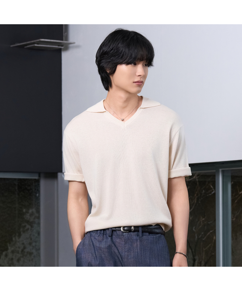 HYOJI(ヒョージ)の「26 SS ウォッシャブルリネンオープンカラークロップニット (6カラー)(ニット/セーター・メンズ・クリーム/レッド/グレー/ブラック/チャコール/ネイビー・L/XL/M)」の4枚目の写真