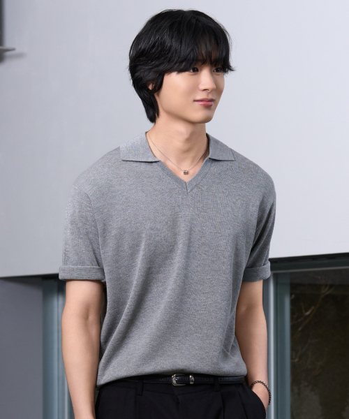 HYOJI(ヒョージ)の「26 SS ウォッシャブルリネンオープンカラークロップニット (6カラー)(ニット/セーター・メンズ・クリーム/レッド/グレー/ブラック/チャコール/ネイビー・L/XL/M)」の12枚目の写真
