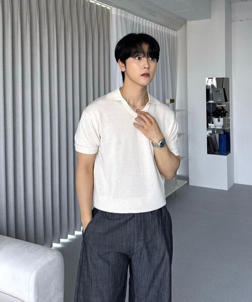 HYOJI(ヒョージ)の「26 SS ウォッシャブルリネンオープンカラークロップニット (6カラー)(ニット/セーター・メンズ・クリーム/レッド/グレー/ブラック/チャコール/ネイビー・L/XL/M)」の8枚目の写真