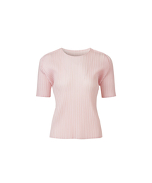 [女性] ラウンドネック 半袖 ベーシック プリーツ Tシャツ (ピンク)