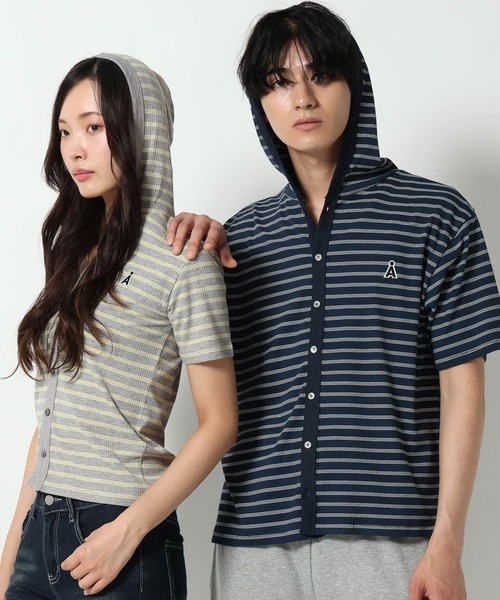 ALAND(エーランド)の「【UNISEX】ALAND/ボーダーフード半袖カーデ(カーディガン/ボレロ・レディース・ネイビー/ブラック/グレー・SMALL/LARGE)」の3枚目の写真