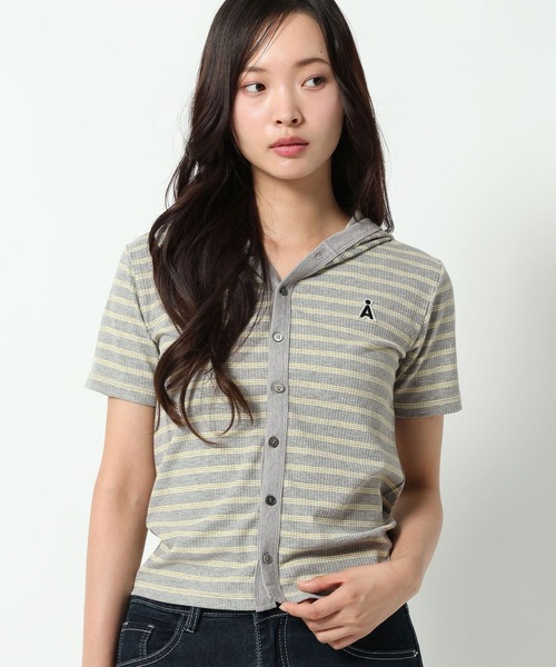 ALAND(エーランド)の「【UNISEX】ALAND/ボーダーフード半袖カーデ(カーディガン/ボレロ・レディース・ネイビー/ブラック/グレー・SMALL/LARGE)」の1枚目の写真
