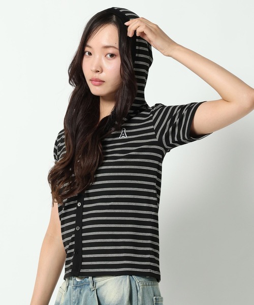 ALAND(エーランド)の「【UNISEX】ALAND/ボーダーフード半袖カーデ(カーディガン/ボレロ・レディース・ネイビー/ブラック/グレー・SMALL/LARGE)」の16枚目の写真