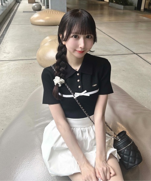 INGNI(イング)の「フロントラインリボンポロニット(ニット/セーター・レディース・ブラック×ホワイト/ピンク系その他3/ホワイト×ブラック・M)」の10枚目の写真