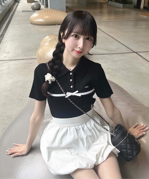 INGNI(イング)の「フロントラインリボンポロニット(ニット/セーター・レディース・ブラック×ホワイト/ピンク系その他3/ホワイト×ブラック・M)」の11枚目の写真