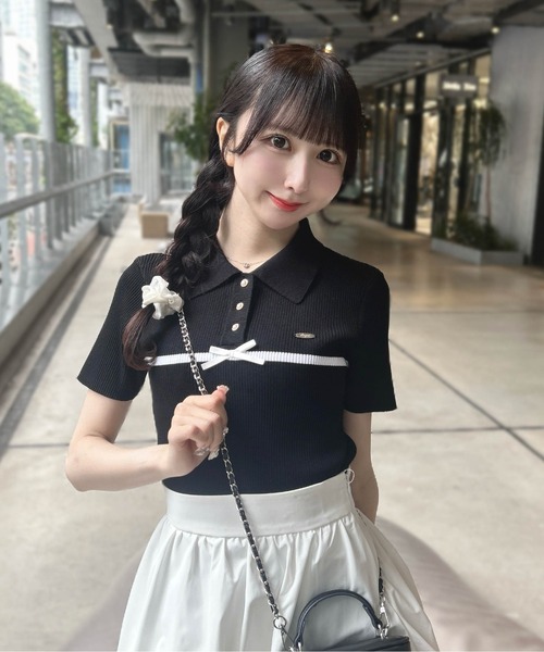 INGNI(イング)の「フロントラインリボンポロニット(ニット/セーター・レディース・ブラック×ホワイト/ピンク系その他3/ホワイト×ブラック・M)」の12枚目の写真