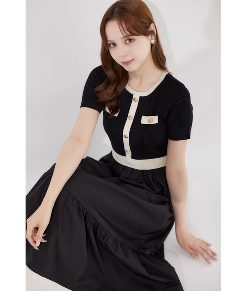 tocco closet(トッコ クローゼット)の「リブニットドッキングタフタ配色ワンピース(ワンピース・レディース・ブラック/アイボリー・M)」の2枚目の写真