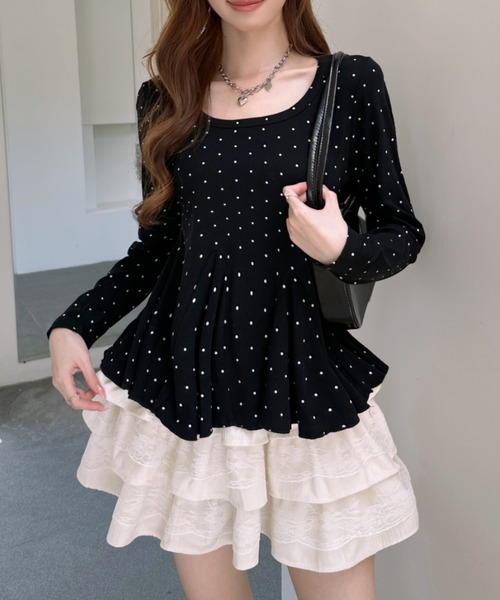 Ada.(エイダ)の「ピンドット柄 Uネック ペプラム カットソー(Tシャツ/カットソー・レディース・グレー/ブラック/ホワイト/ブラウン・FREE)」の16枚目の写真