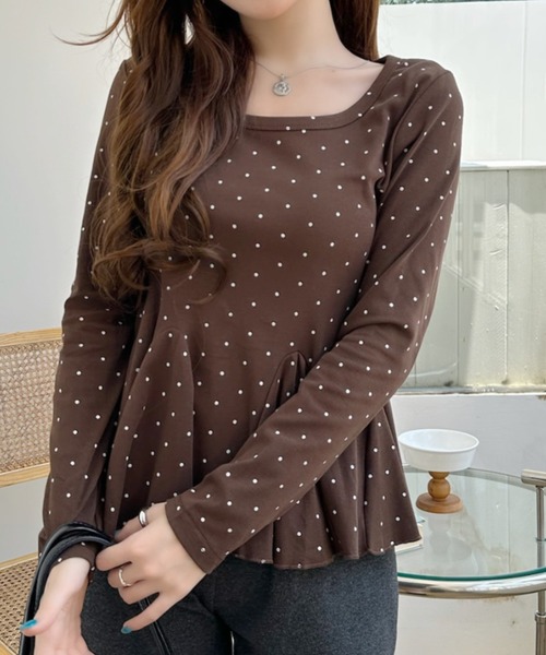 Ada.(エイダ)の「ピンドット柄 Uネック ペプラム カットソー(Tシャツ/カットソー・レディース・グレー/ブラック/ホワイト/ブラウン・FREE)」の10枚目の写真