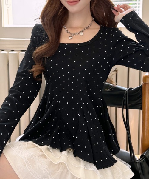 Ada.(エイダ)の「ピンドット柄 Uネック ペプラム カットソー(Tシャツ/カットソー・レディース・グレー/ブラック/ホワイト/ブラウン・FREE)」の18枚目の写真