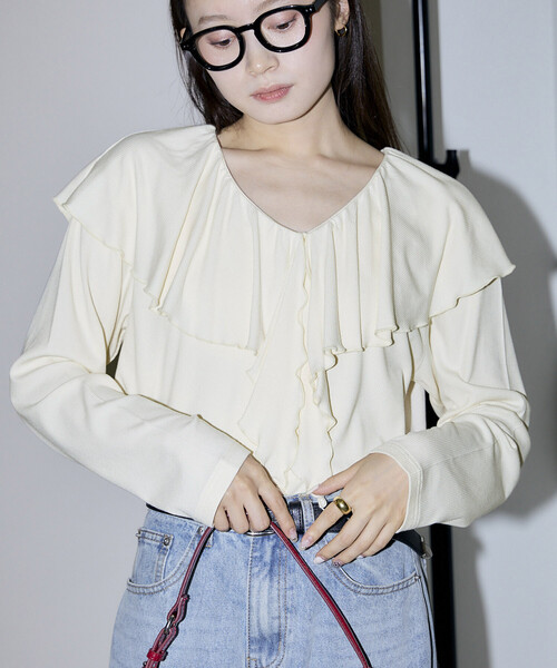 PUBLUX(パブリュクス)の「PUBLUX/パブリュクス 襟 フリル テレコ カットソー 限定展開(Tシャツ/カットソー・レディース・ナチュラル/ブラウン/ブラック・フリ-)」の10枚目の写真