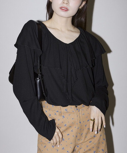 PUBLUX(パブリュクス)の「PUBLUX/パブリュクス 襟 フリル テレコ カットソー 限定展開(Tシャツ/カットソー・レディース・ナチュラル/ブラウン/ブラック・フリ-)」の12枚目の写真