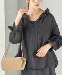 〈手洗い可能〉ボイル ストライプ ラッフル カラー ブラウス
