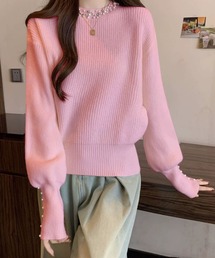 パール＆メタルビジュー 長袖ニットトップス