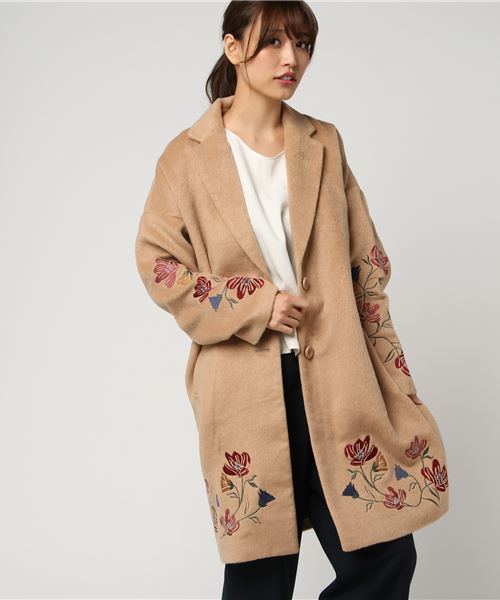 【古着】刺繍入り毛皮ロングコート ベージュ ジグザグ模様 古着】刺繍入り毛皮ロングコート ベージュ ジグザグ模様 古着】刺繍