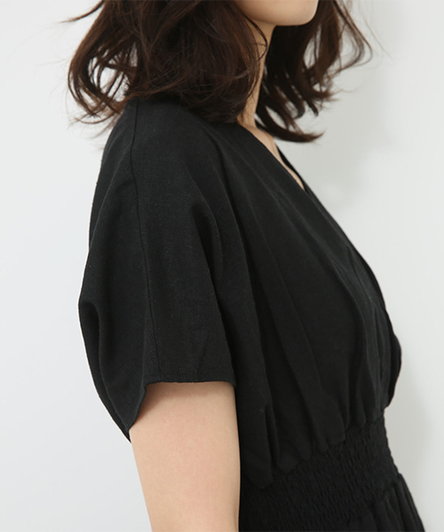 AZUL by moussy（アズールバイマウジー）の「麻レーヨンカシュクールワンピース（ワンピース・レディース・ブラック/ベージュ系その他/ライトブルー・MEDIUM/SMALL）」の7枚目の写真