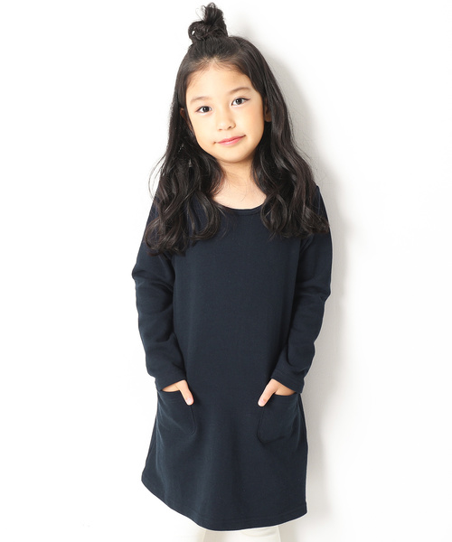 devirock(デビロック)の「スウェット長袖Aラインワンピース(ワンピース・キッズ・スモークピンク/カーキ/ネイビー/ブラック/モカ/杢グレー/グリーン系その他/レッド系その他/パープル系その他・160cm/90cm/130cm/150cm/140cm/110cm/100cm/120cm)」の1枚目の写真
