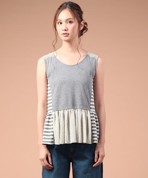 FURFUR（ファーファー）の「ボーダー×ドットタンクトップ（Tシャツ/カットソー・レディース・グレー×ホワイト/ベージュ・FREE）」の6枚目の写真