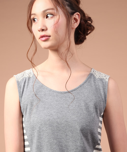 FURFUR（ファーファー）の「ボーダー×ドットタンクトップ（Tシャツ/カットソー・レディース・グレー×ホワイト/ベージュ・FREE）」の7枚目の写真