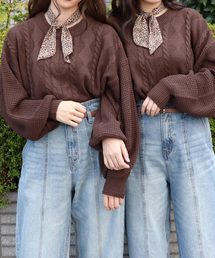 PairPair | ヒョウ柄スカーフ付ケーブルニットプルオーバー(ニット/セーター)